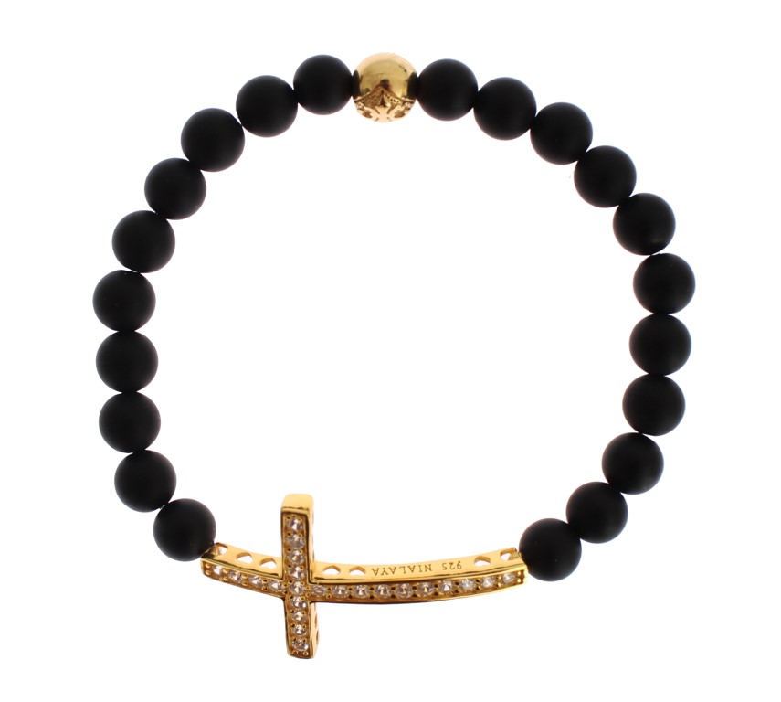 Браслет Nialaya Jewelry Шикарный из матового оникса и фианитов в форме креста