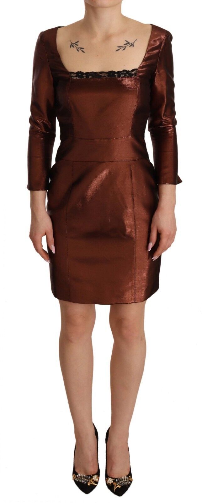 Gianfranco Ferre Metallic Brown Long Sleeves Square Neck Sheath Dress