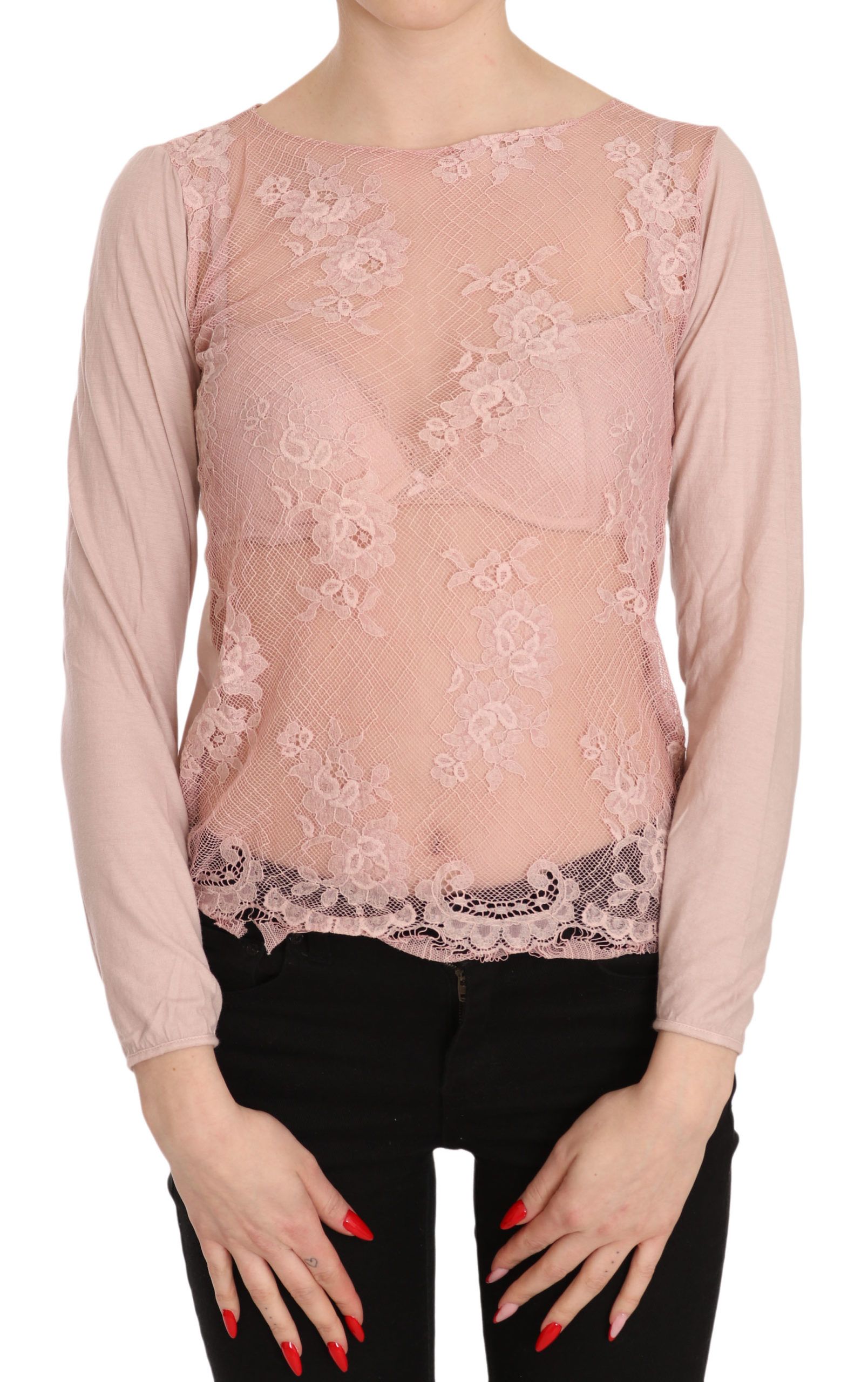 Think Pink Pink Lace See Through Long Sleeve Top Blouse