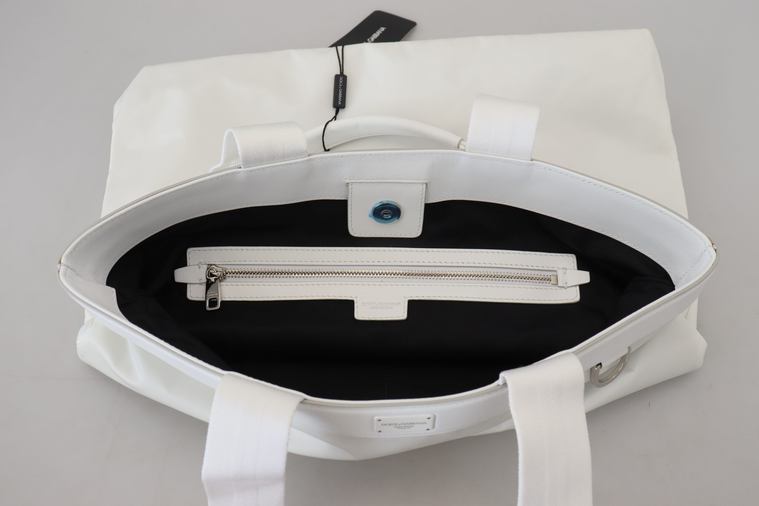 Elegant White Nylon Tote Bag with Leather Accents