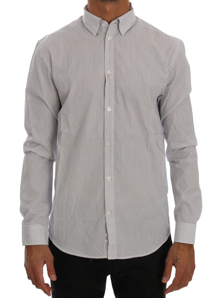 FRANKIE MORELLO White Blue Striped Casual Cotton Regular Fit Shirt
