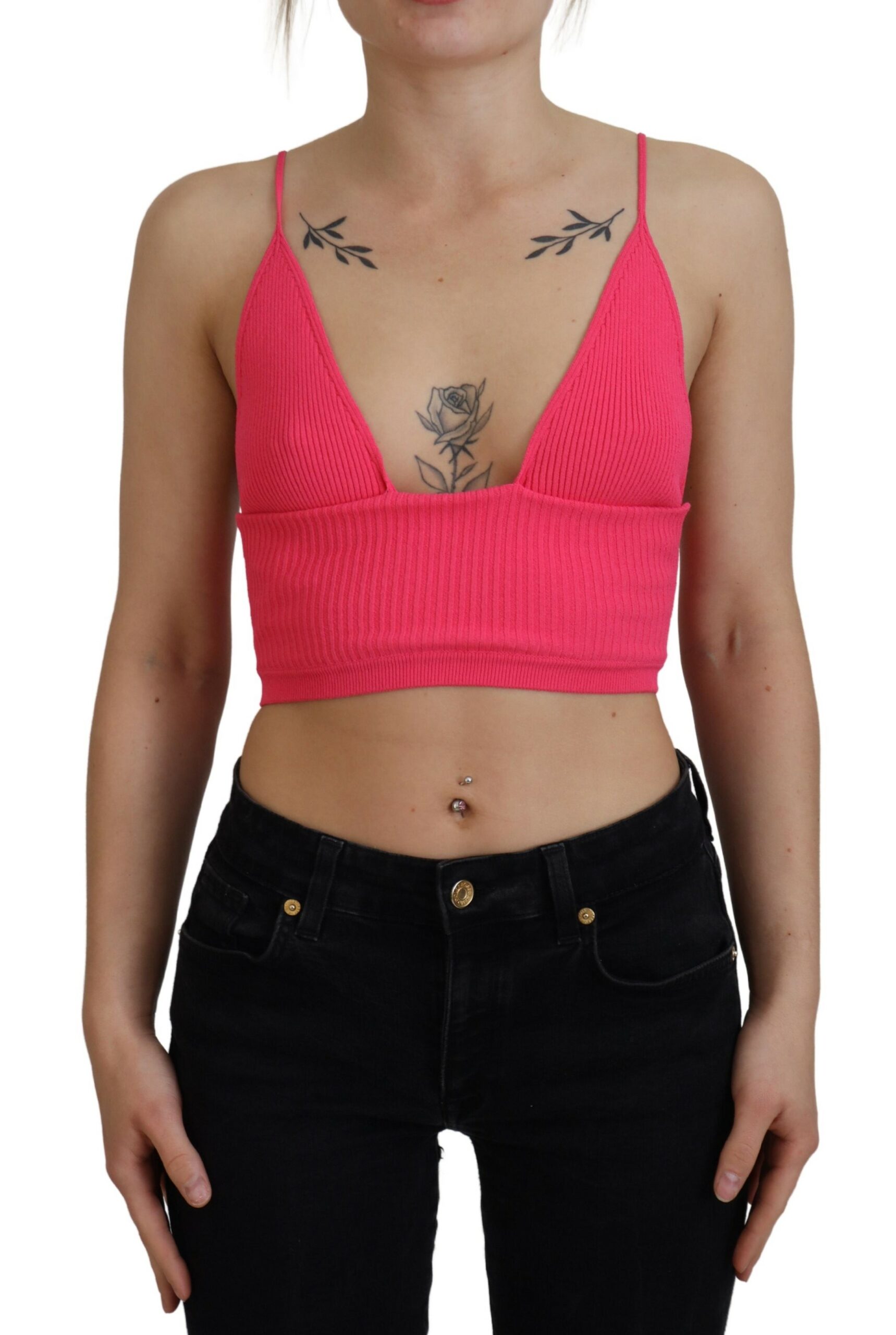 Dsquared2 Pink Ribbed Knit Bra Cropped Spaghetti Strap Top