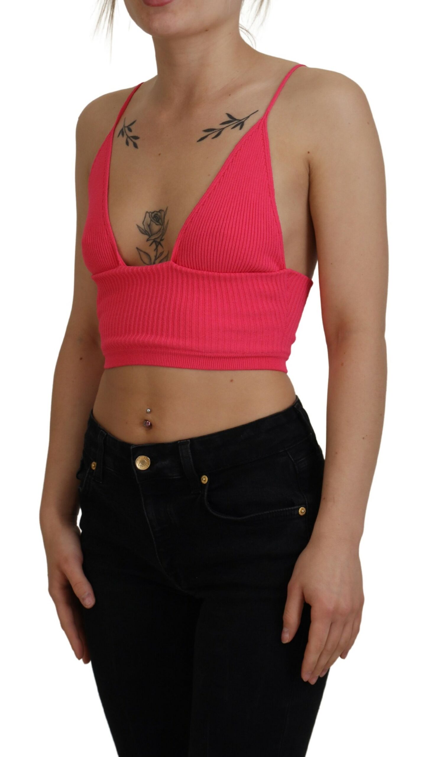 Dsquared2 Pink Ribbed Knit Bra Cropped Spaghetti Strap Top