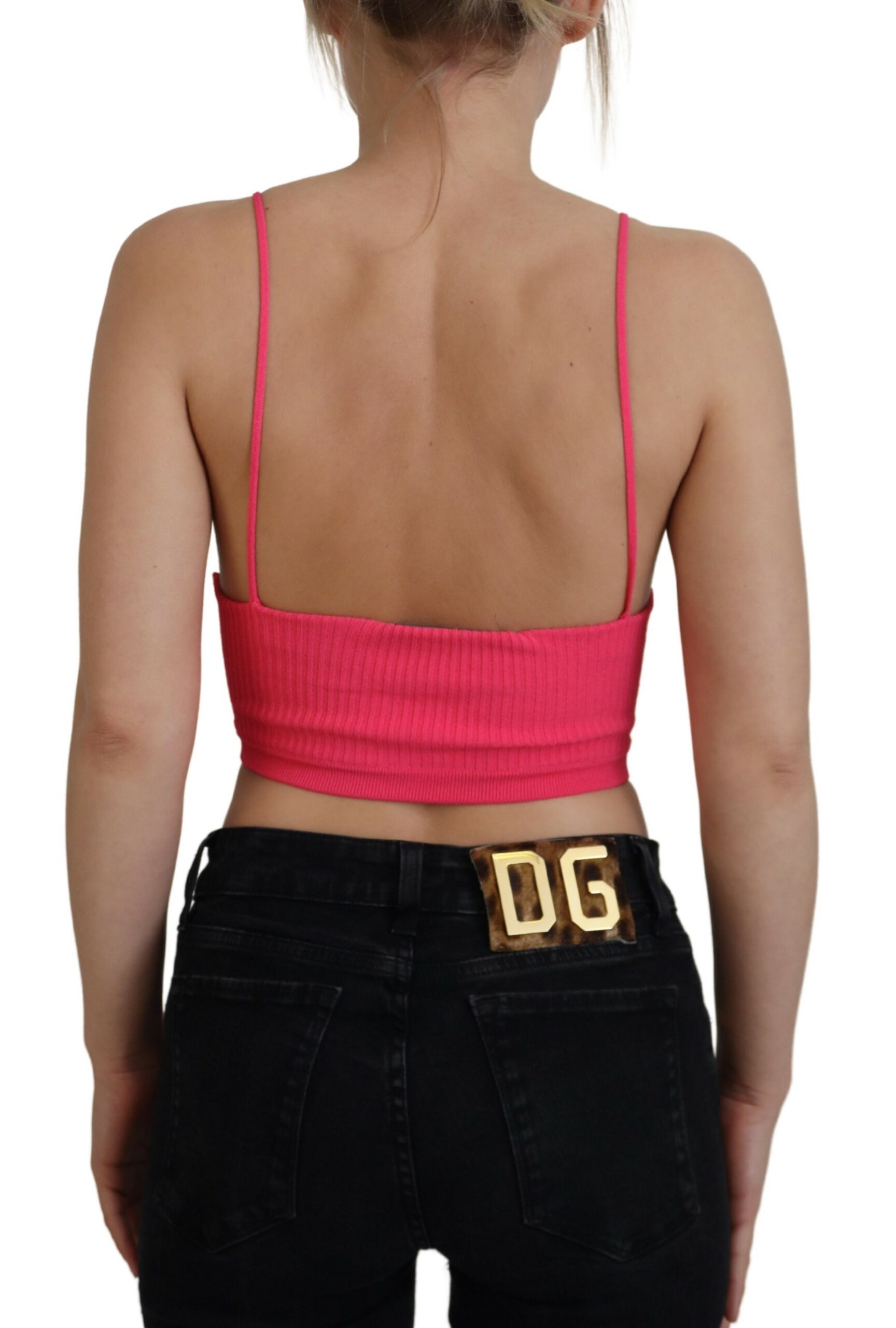 Dsquared2 Pink Ribbed Knit Bra Cropped Spaghetti Strap Top