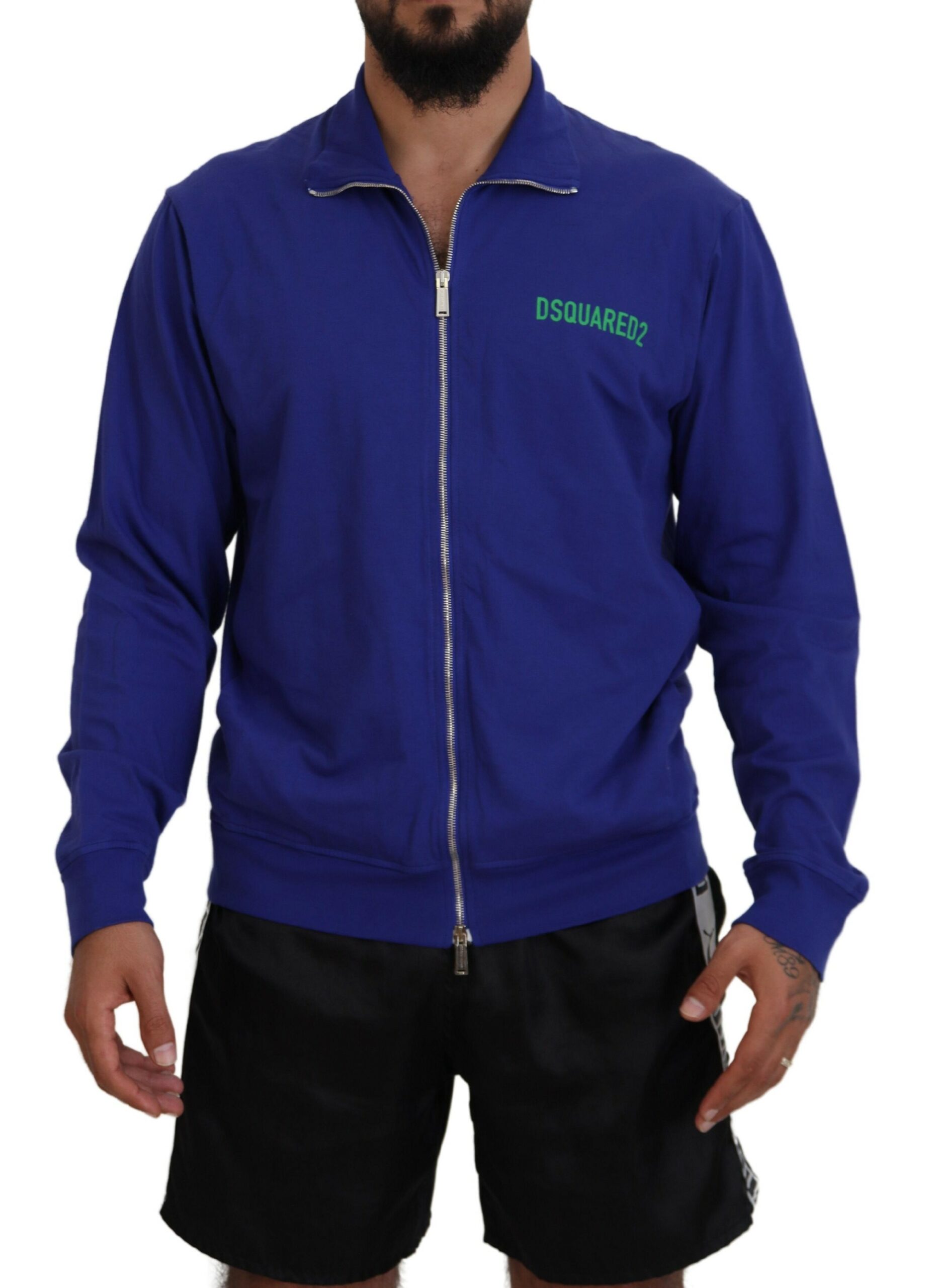 Dsquared2 Blue Cotton Printed Collared Men Full Zip Sweater