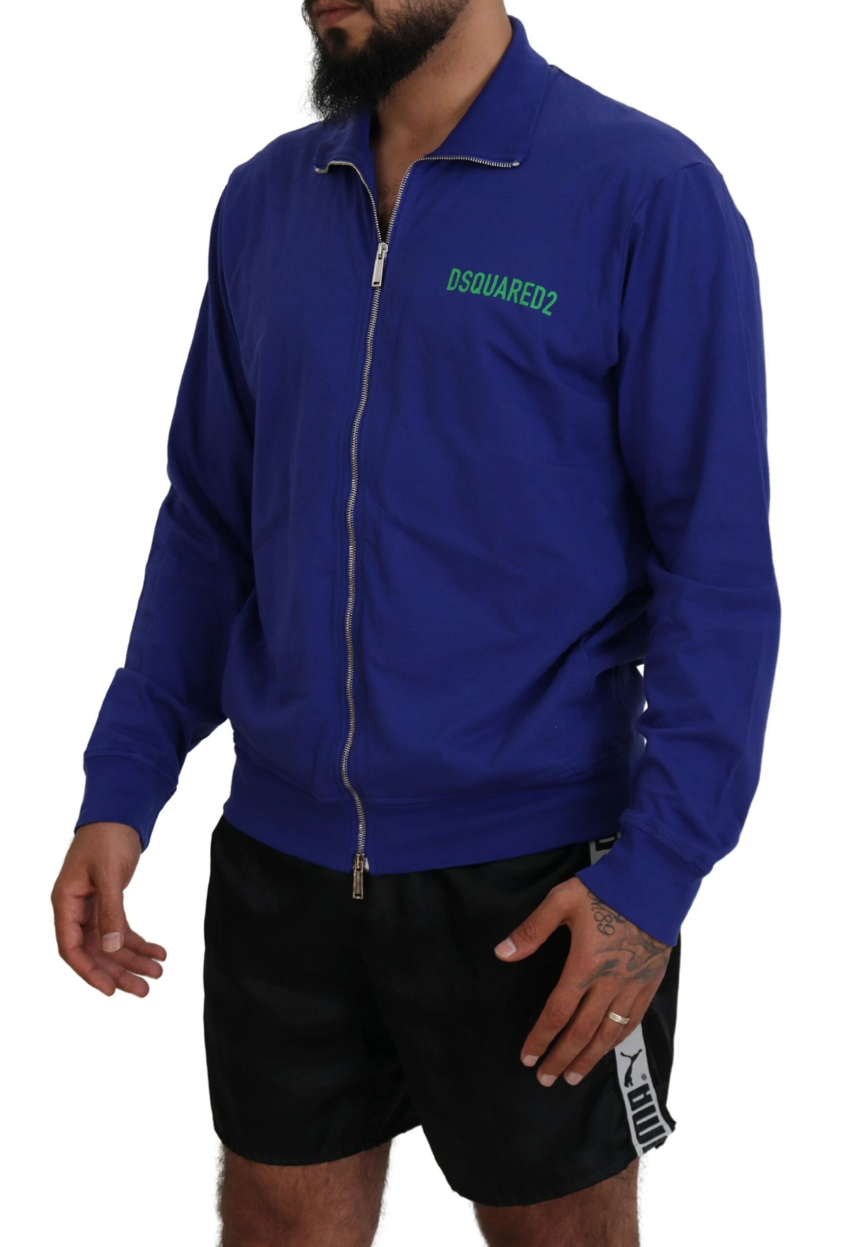 Dsquared2 Blue Cotton Printed Collared Men Full Zip Sweater