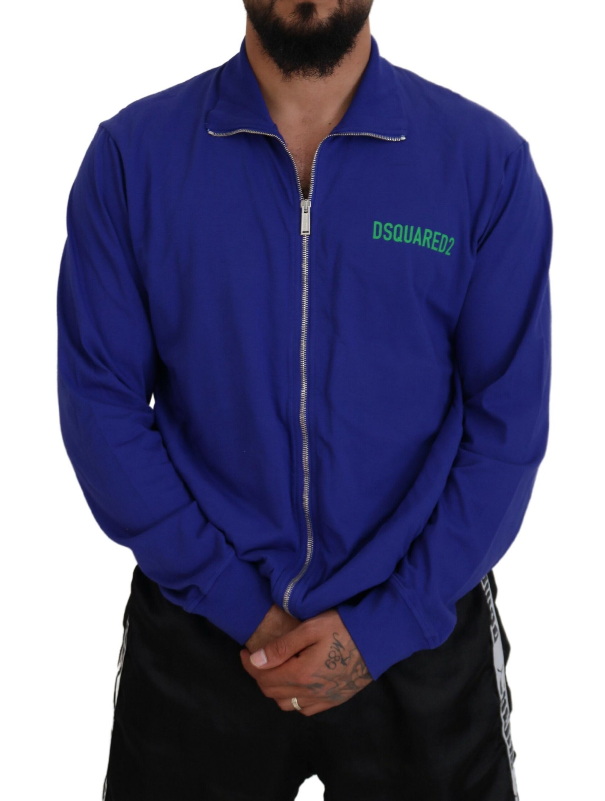 Dsquared2 Blue Cotton Printed Collared Men Full Zip Sweater