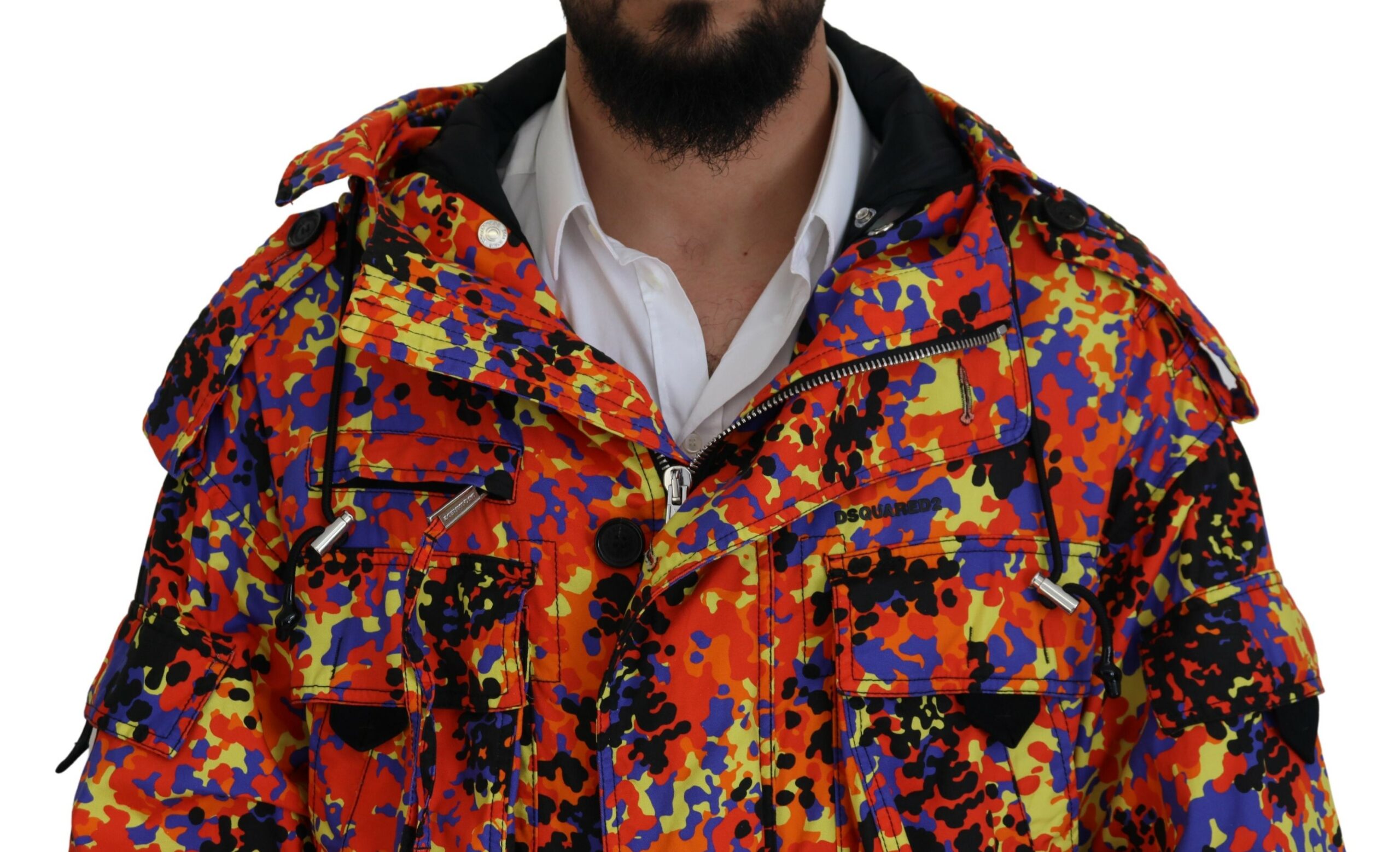 Dsquared2 Multicolor Long Hooded Cargo Pocket Coat Jacket