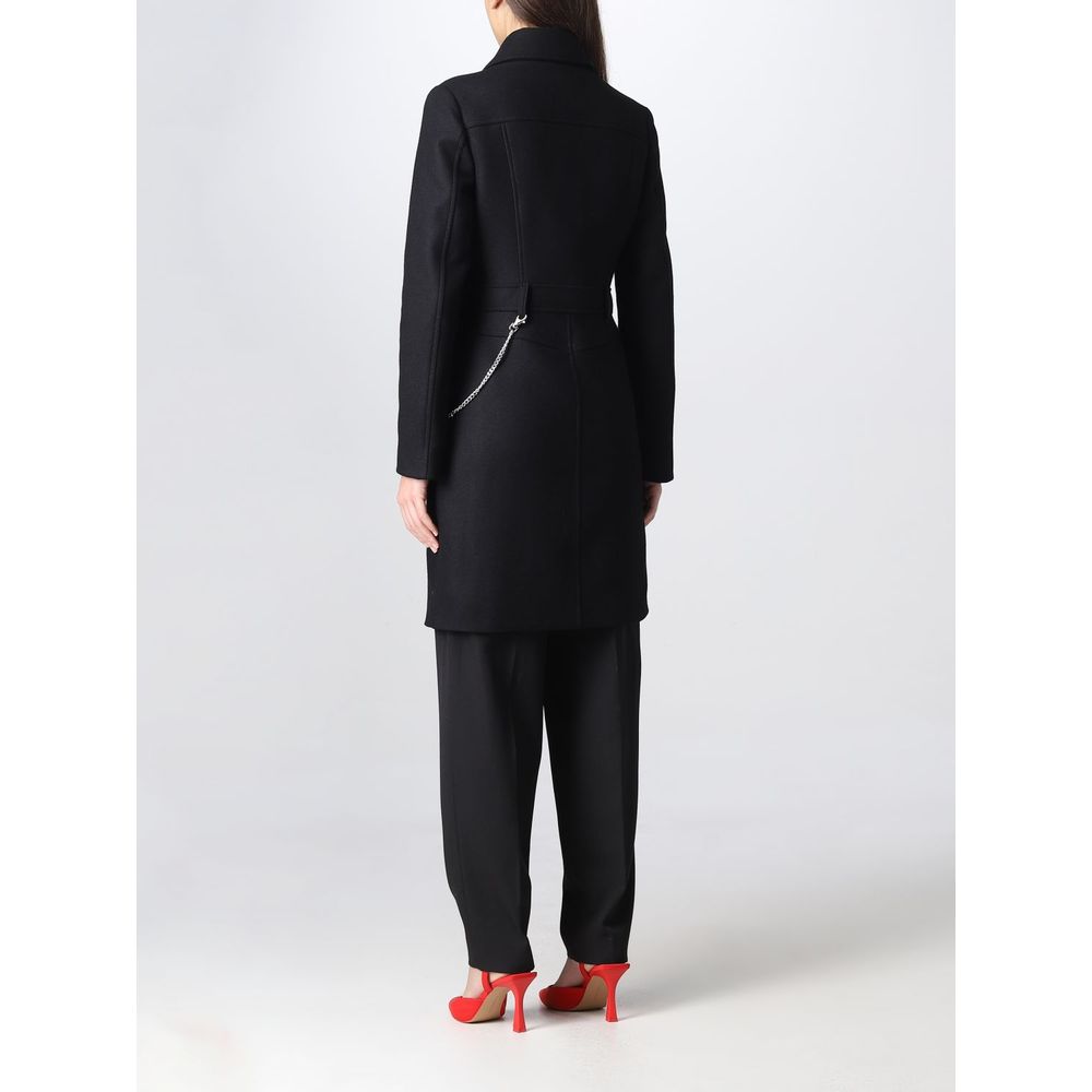 LOVE MOSCHINO Elegant Black Wool Coat with Silver Chain Detail
