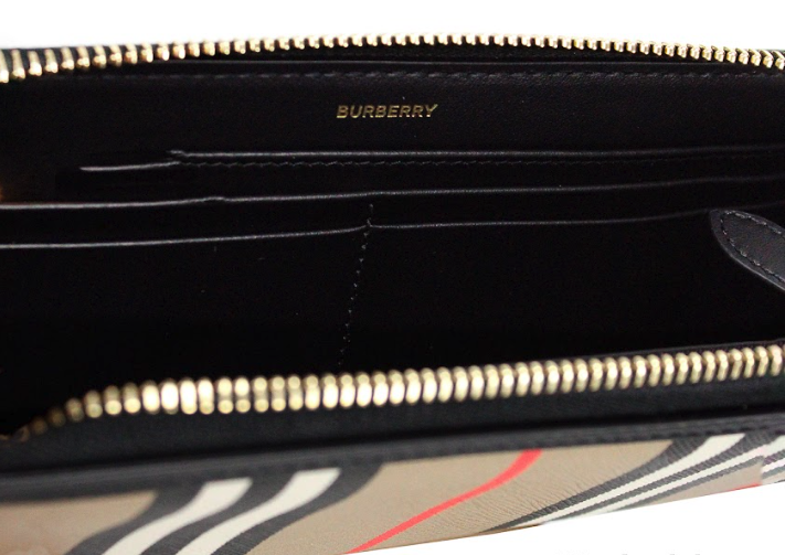 Burberry Ellerby Black Leather Icon Stripe Canvas Zip Around Continental Wallet
