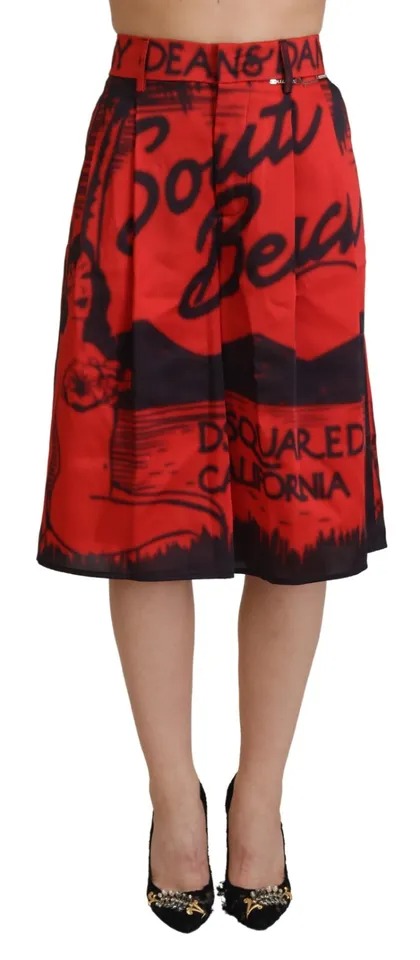 Dsquared2 Red Printed High Waist Wide Leg Cropped Pants