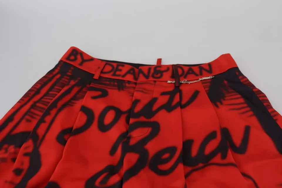 Dsquared2 Red Printed High Waist Wide Leg Cropped Pants
