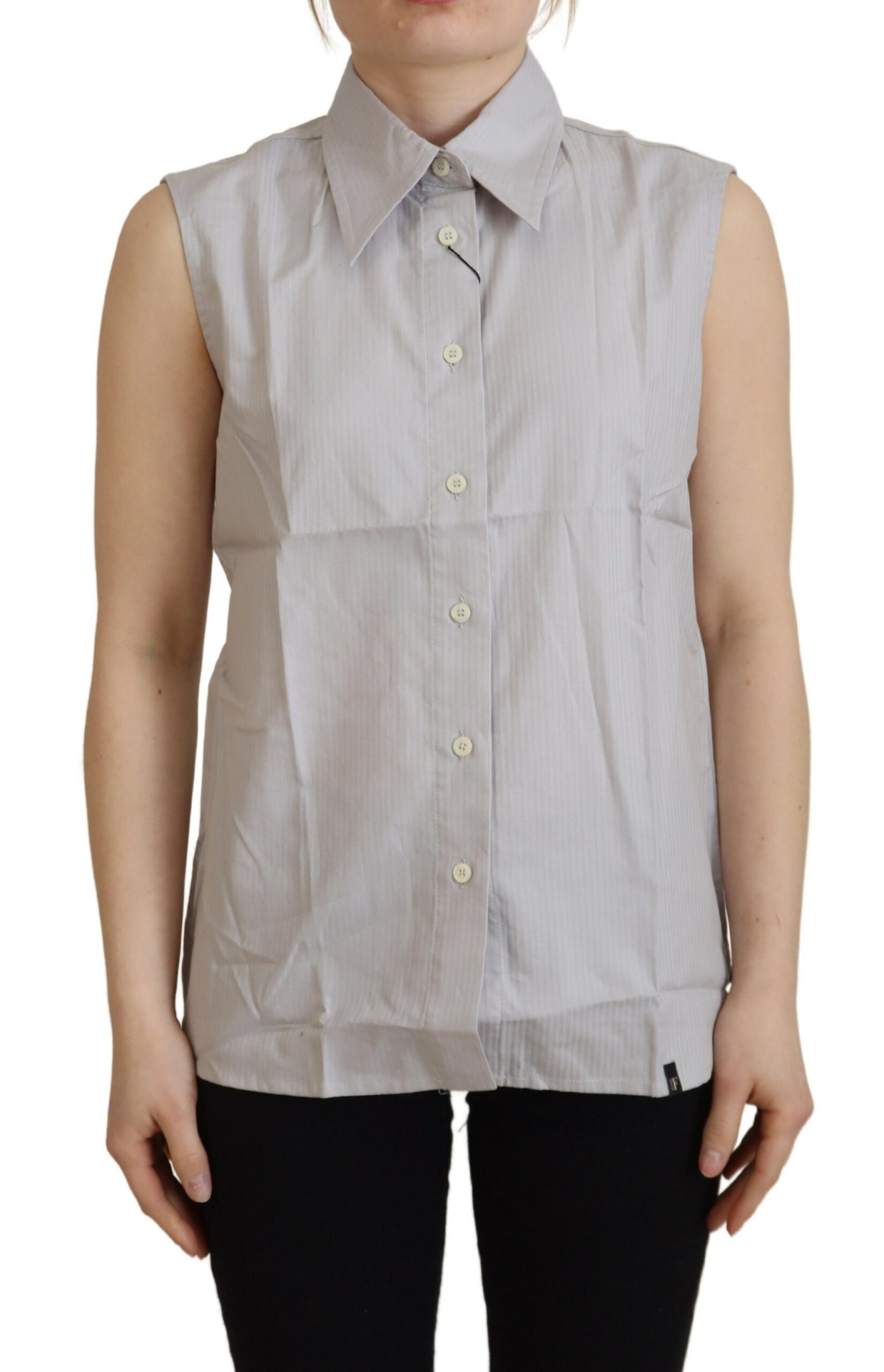 Gianfranco Ferre Light Gray Stripes Cotton Sleeveless Collared Top