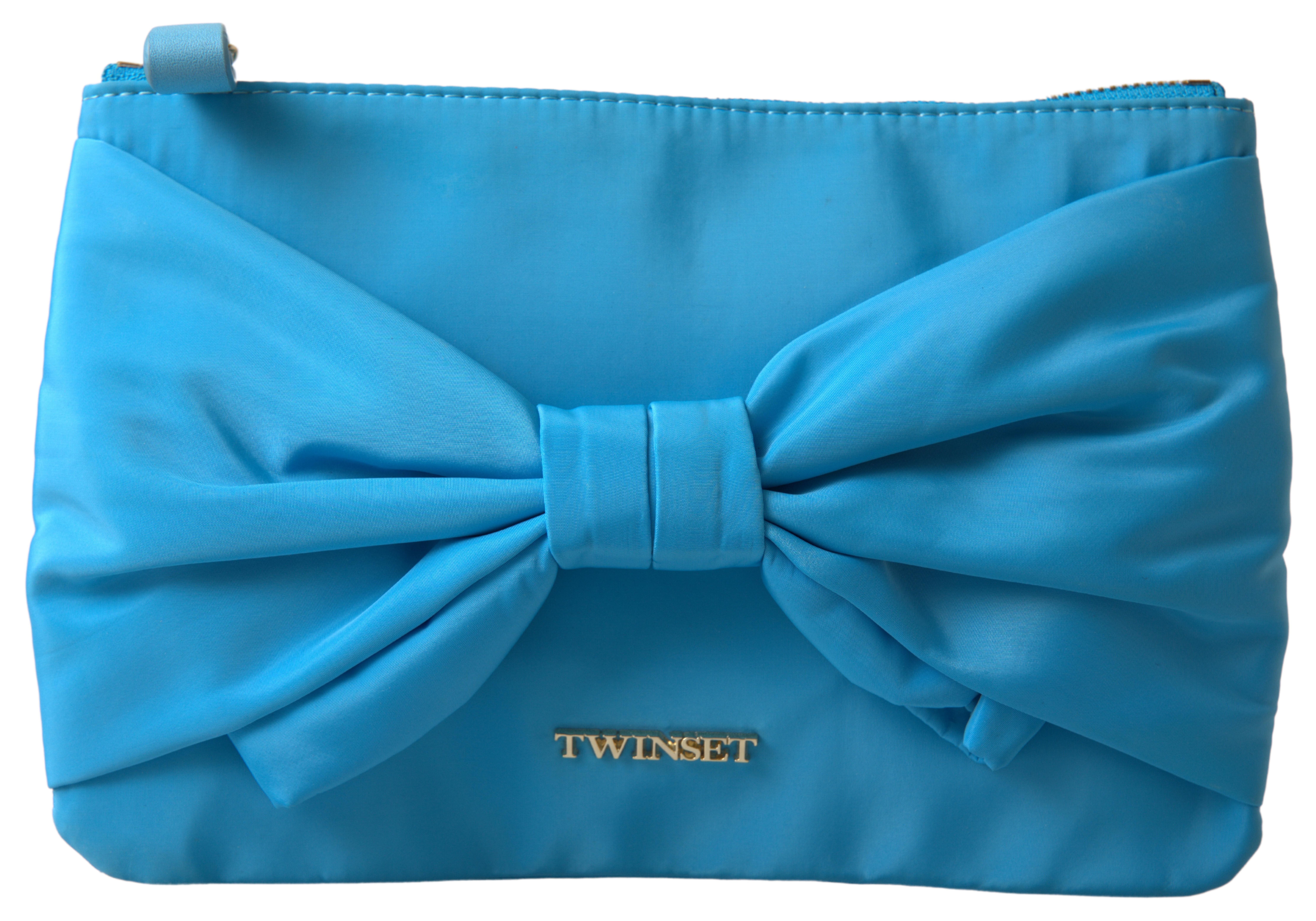 TWINSET Blue Tafta Silk Large Bow Zipper Clutch Women Borse Logo Bag