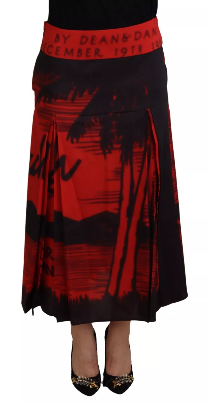 Dsquared2 Red Printed High Waist A-line Pleated Midi Skirt