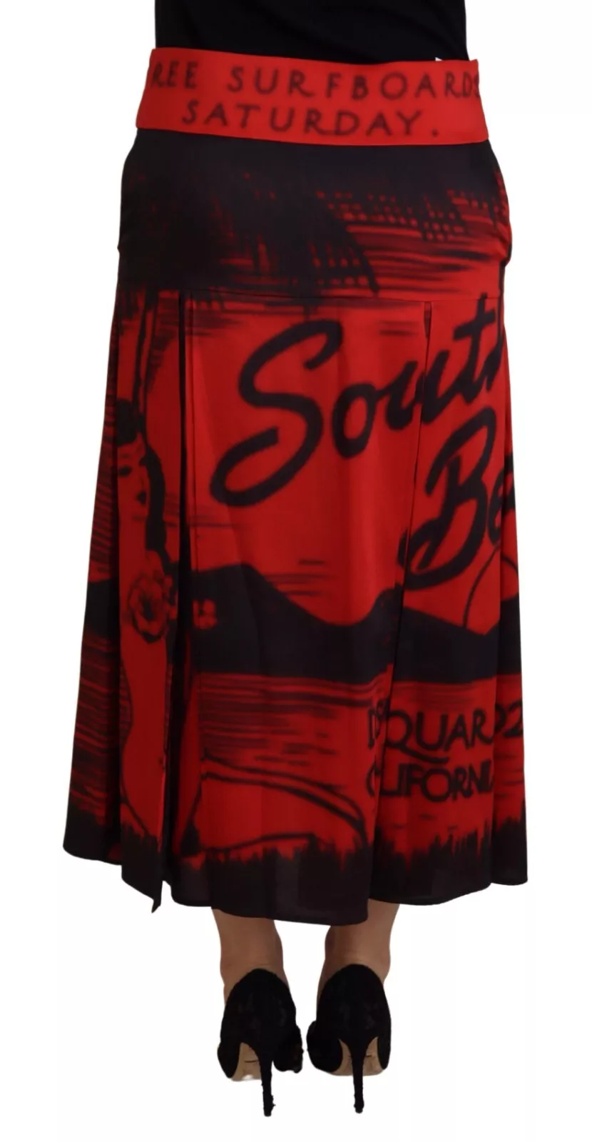 Dsquared2 Red Printed High Waist A-line Pleated Midi Skirt