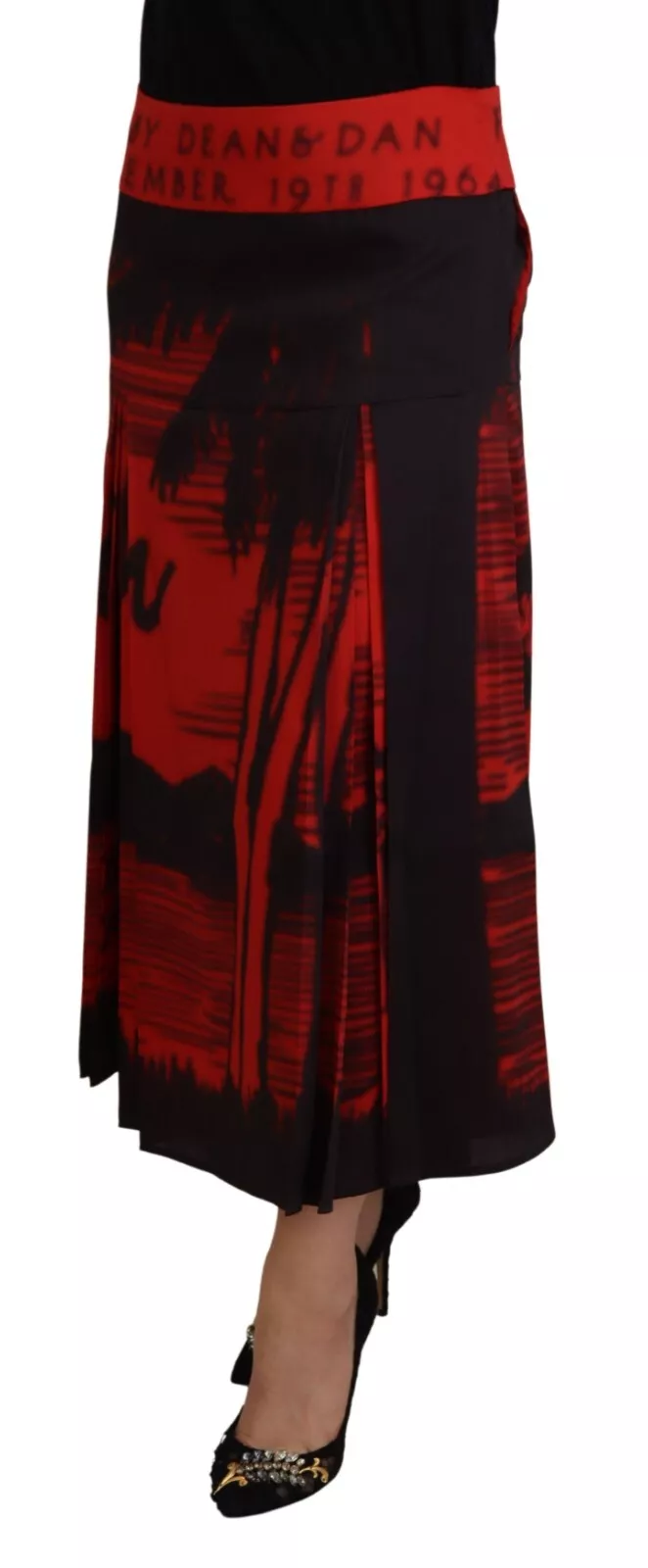 Dsquared2 Red Printed High Waist A-line Pleated Midi Skirt