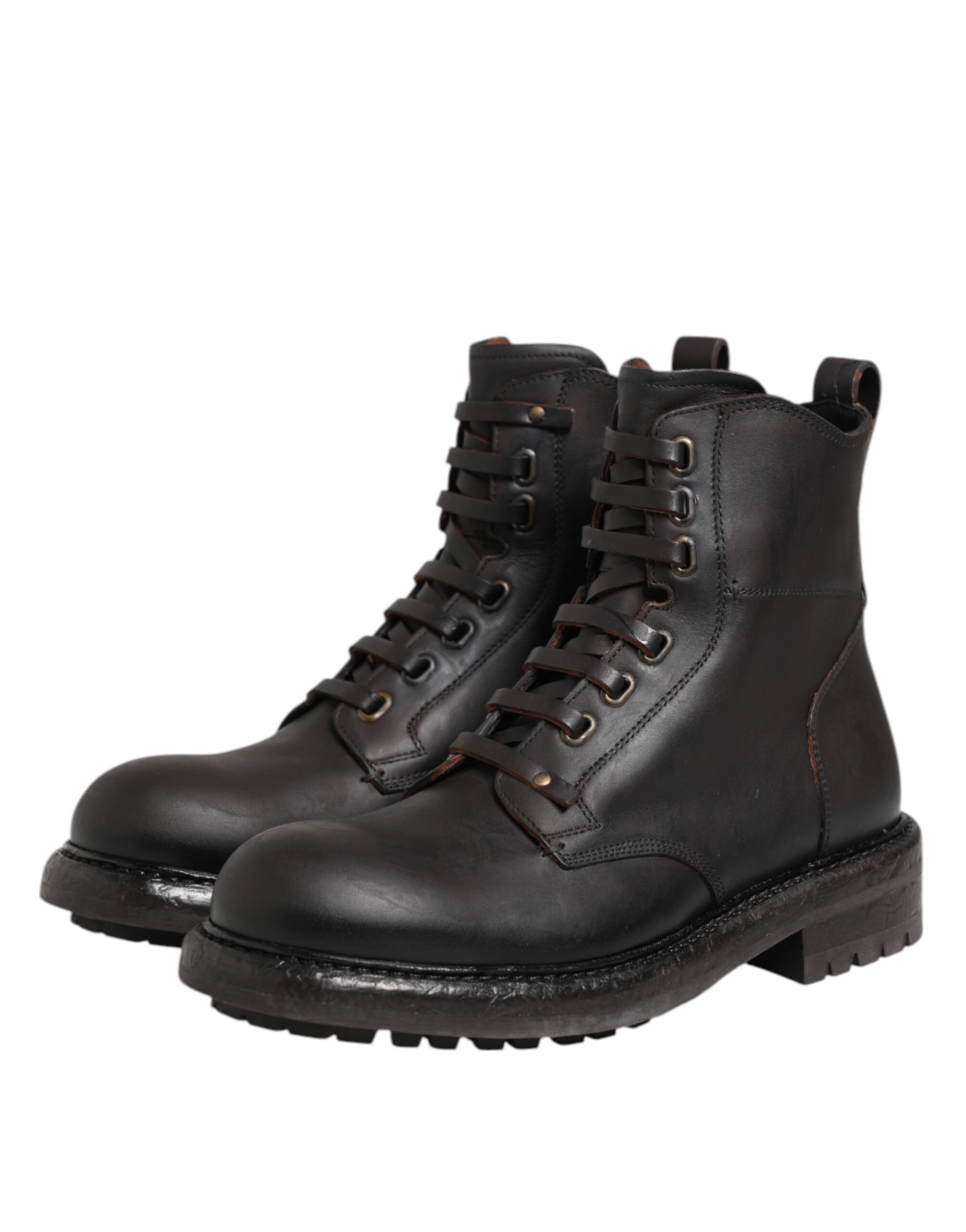 Dark Brown Leather Lace Up Mid Calf Boots Shoes