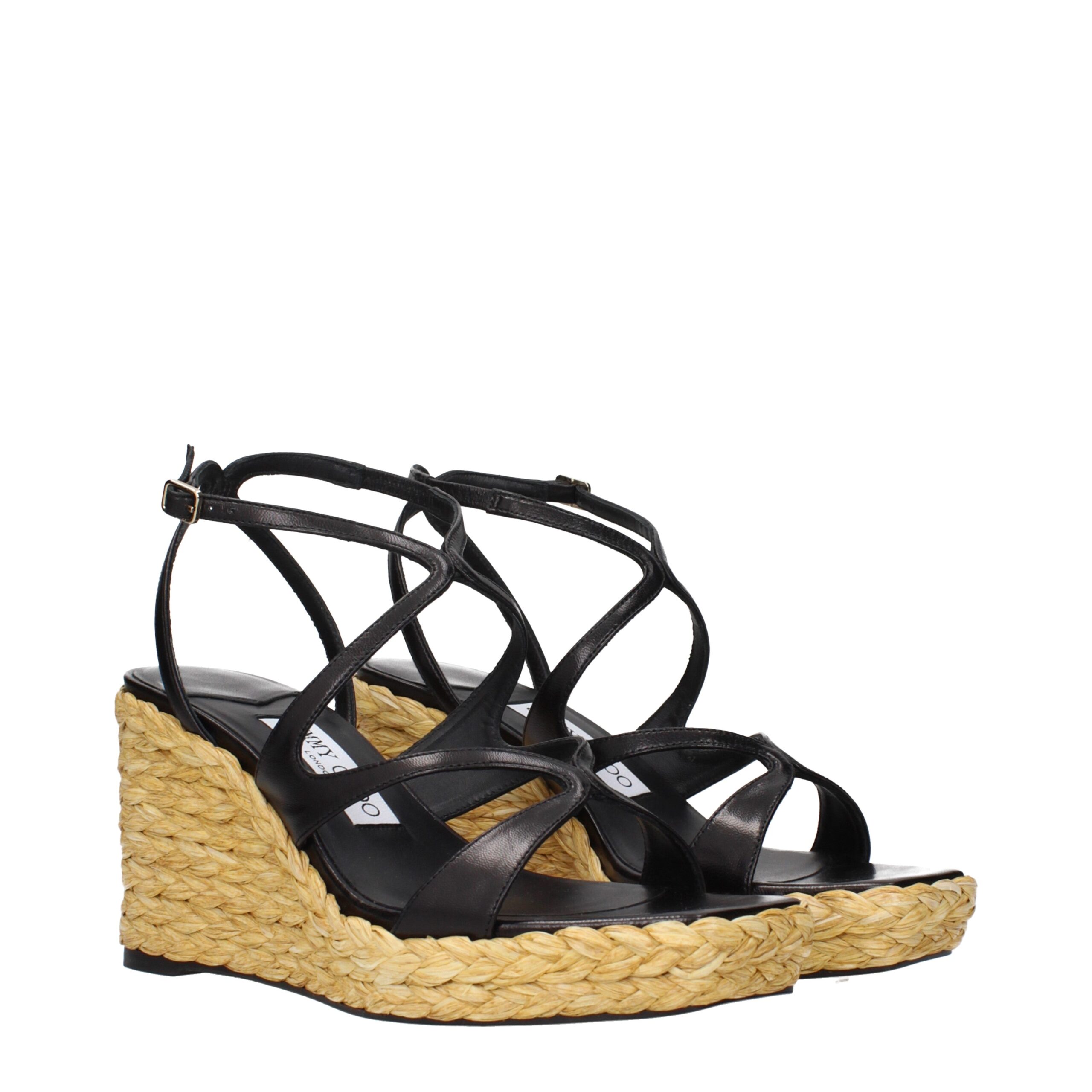 Jimmy Choo Eyewear Black Leather Wedges Sandals