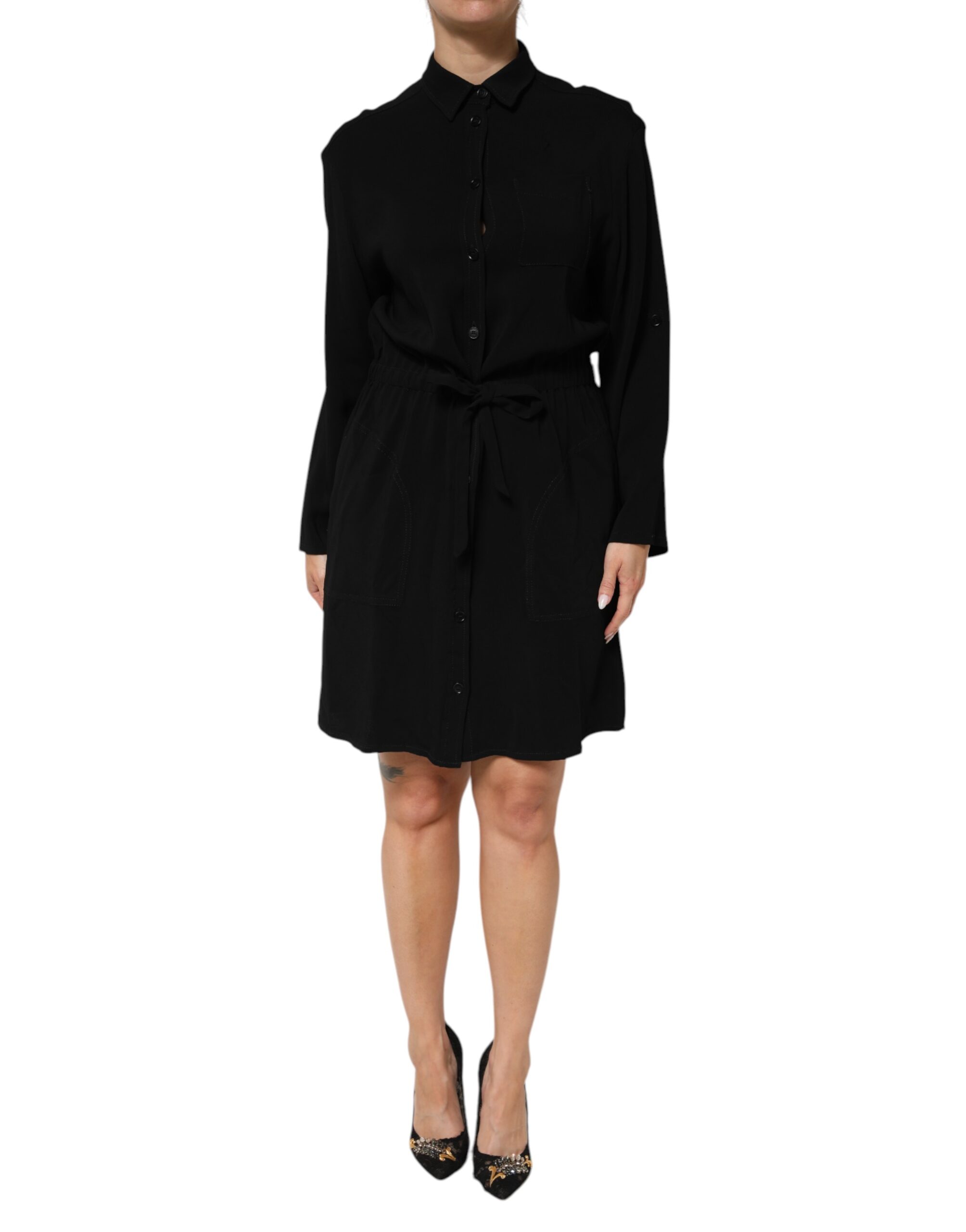 Armani Emporio Black Viscose Blend Shirt Style Belted  Dress