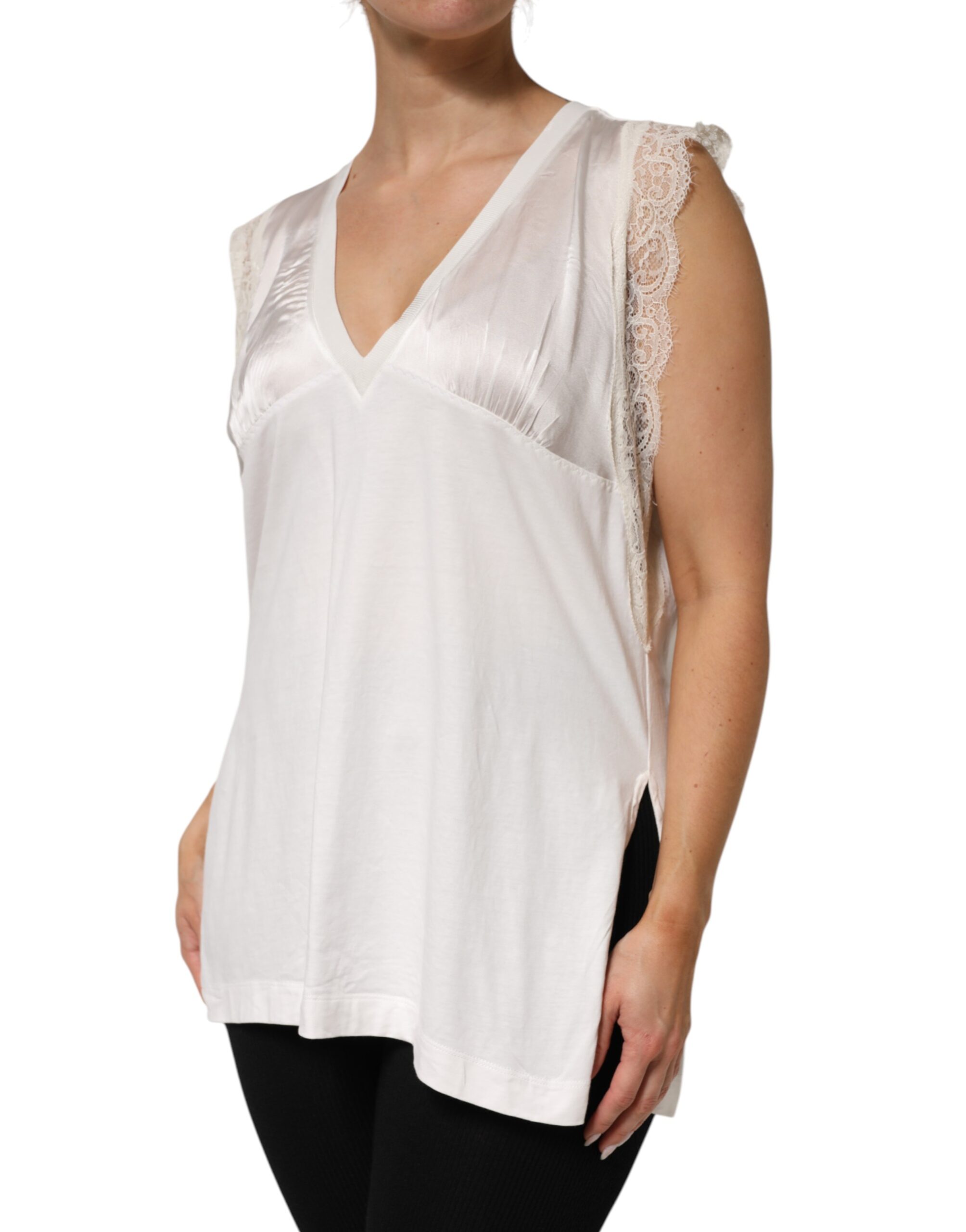 Pinko White Silk Blend Lace Trim Sleeveless V-Neck Women’s Top