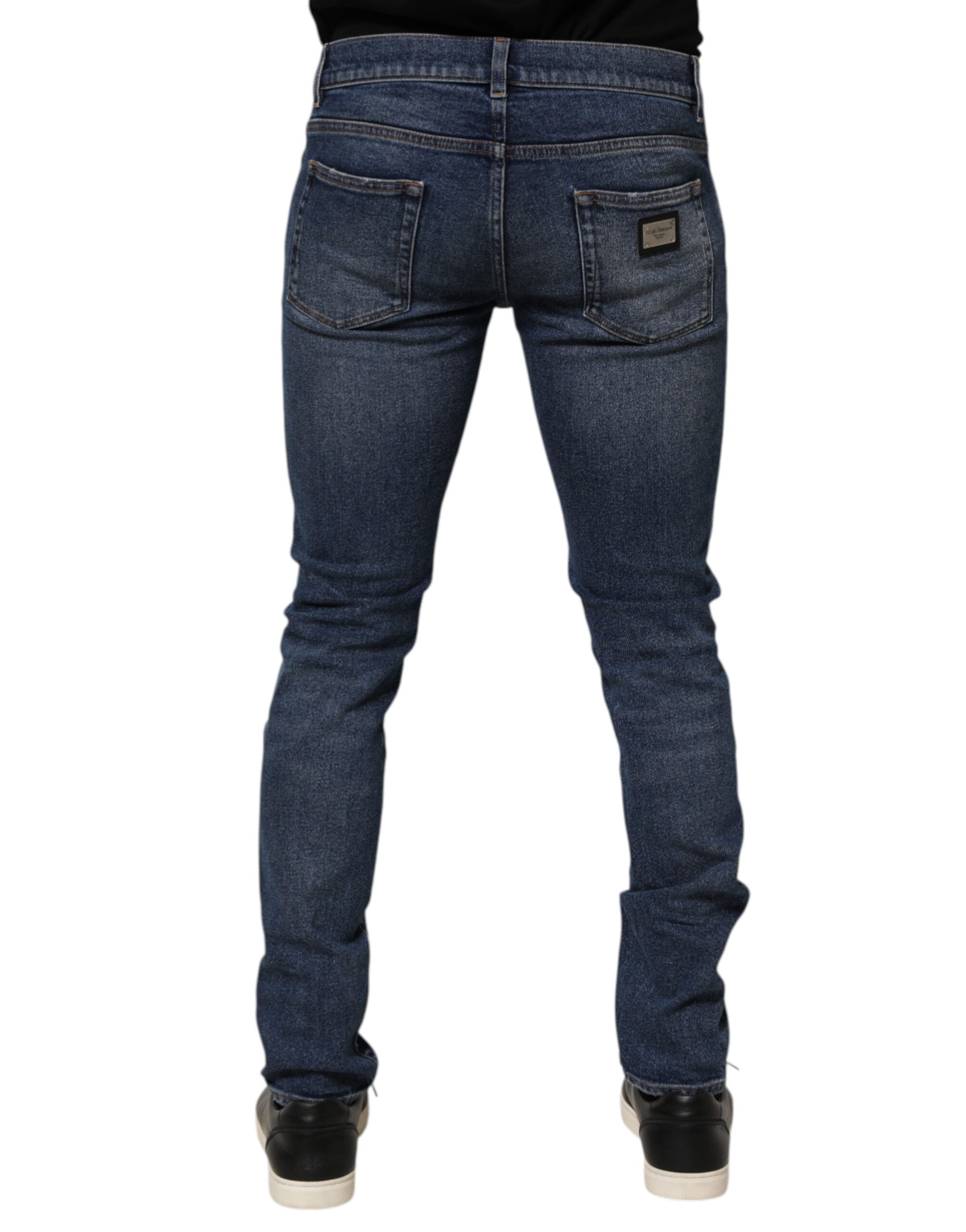 Dolce & Gabbana Blue Cotton Logo Plaque Skinny Men Denim Jeans