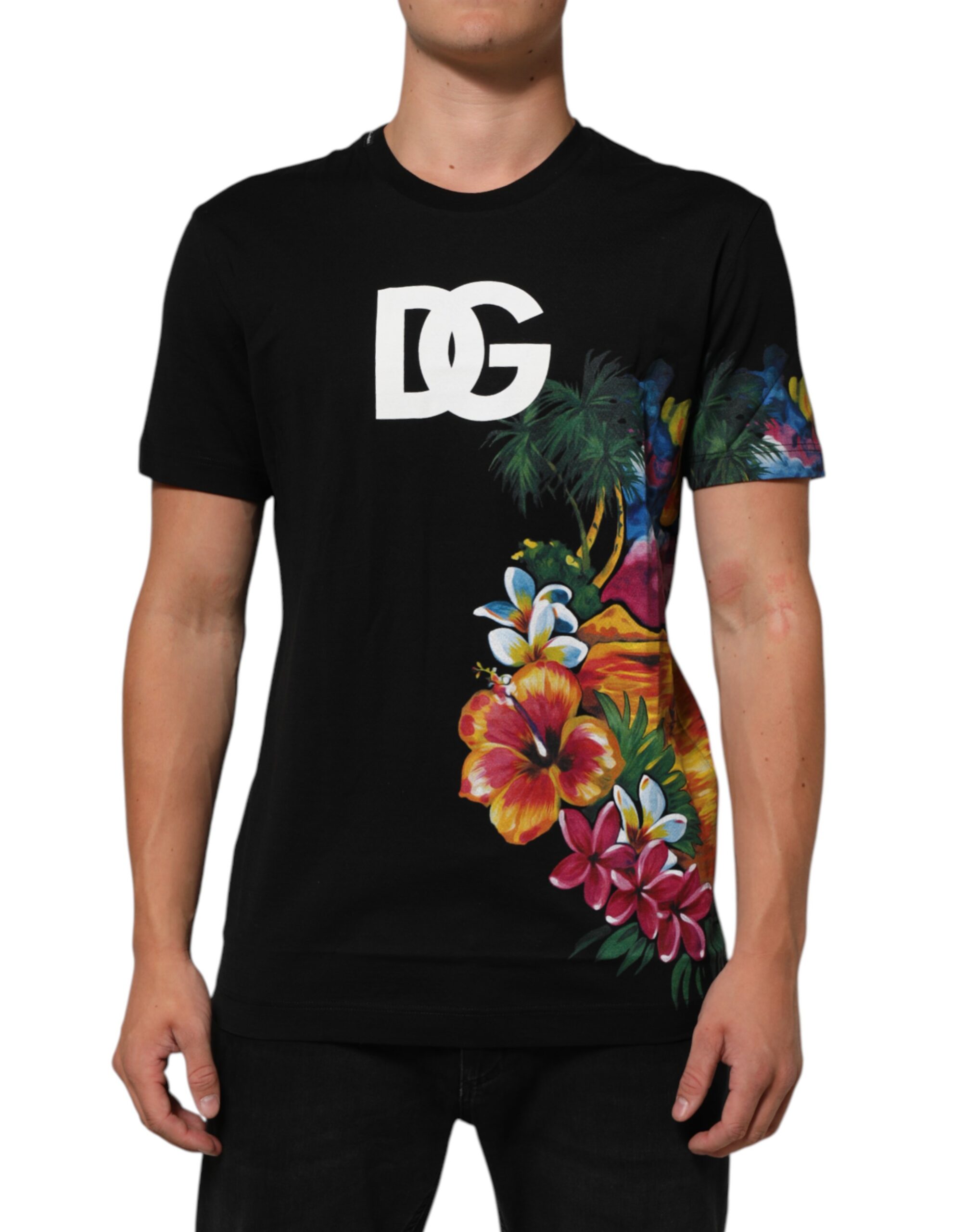 Dolce & Gabbana Black Floral DG Logo Cotton Crew Neck T-shirt