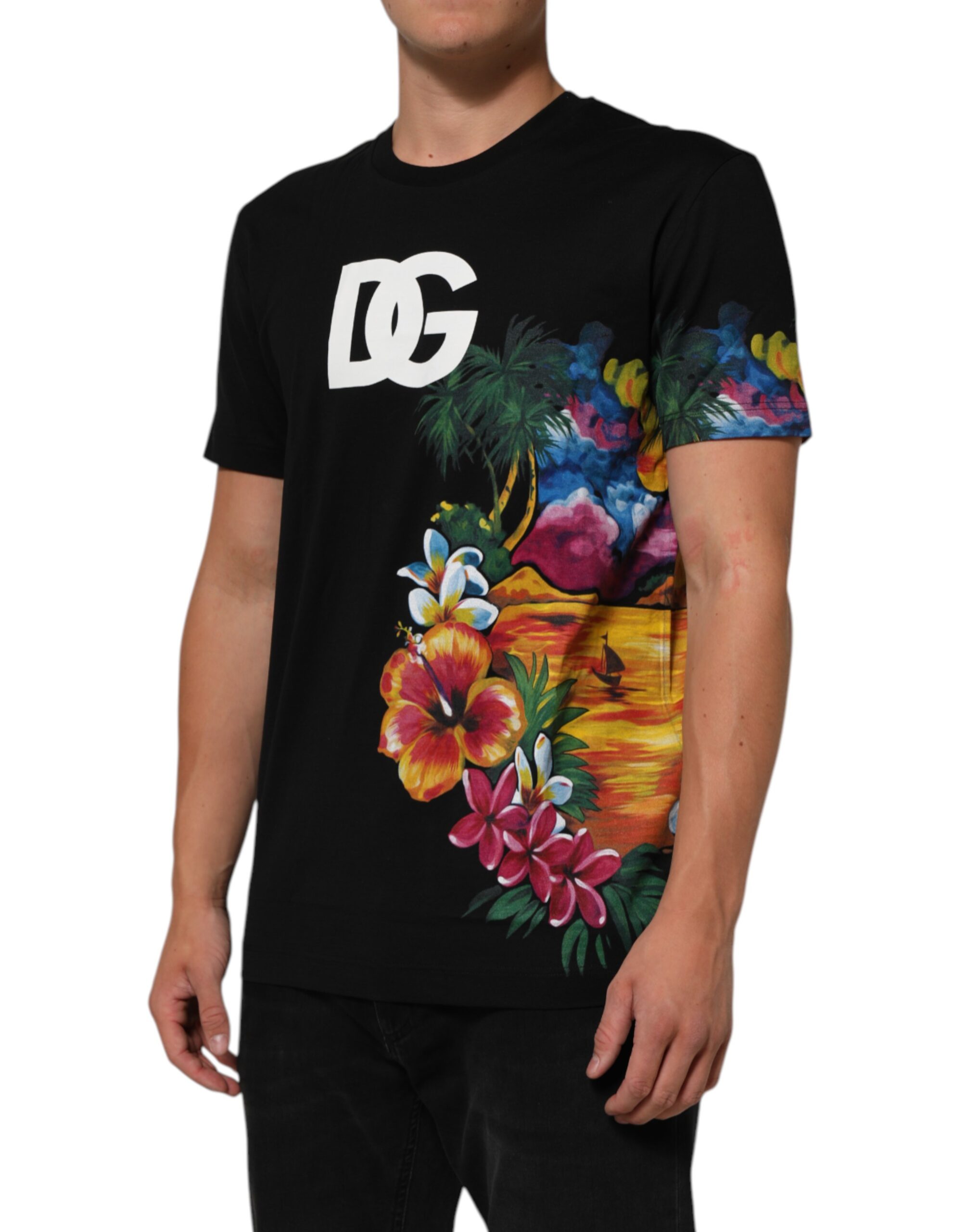 Dolce & Gabbana Black Floral DG Logo Cotton Crew Neck T-shirt