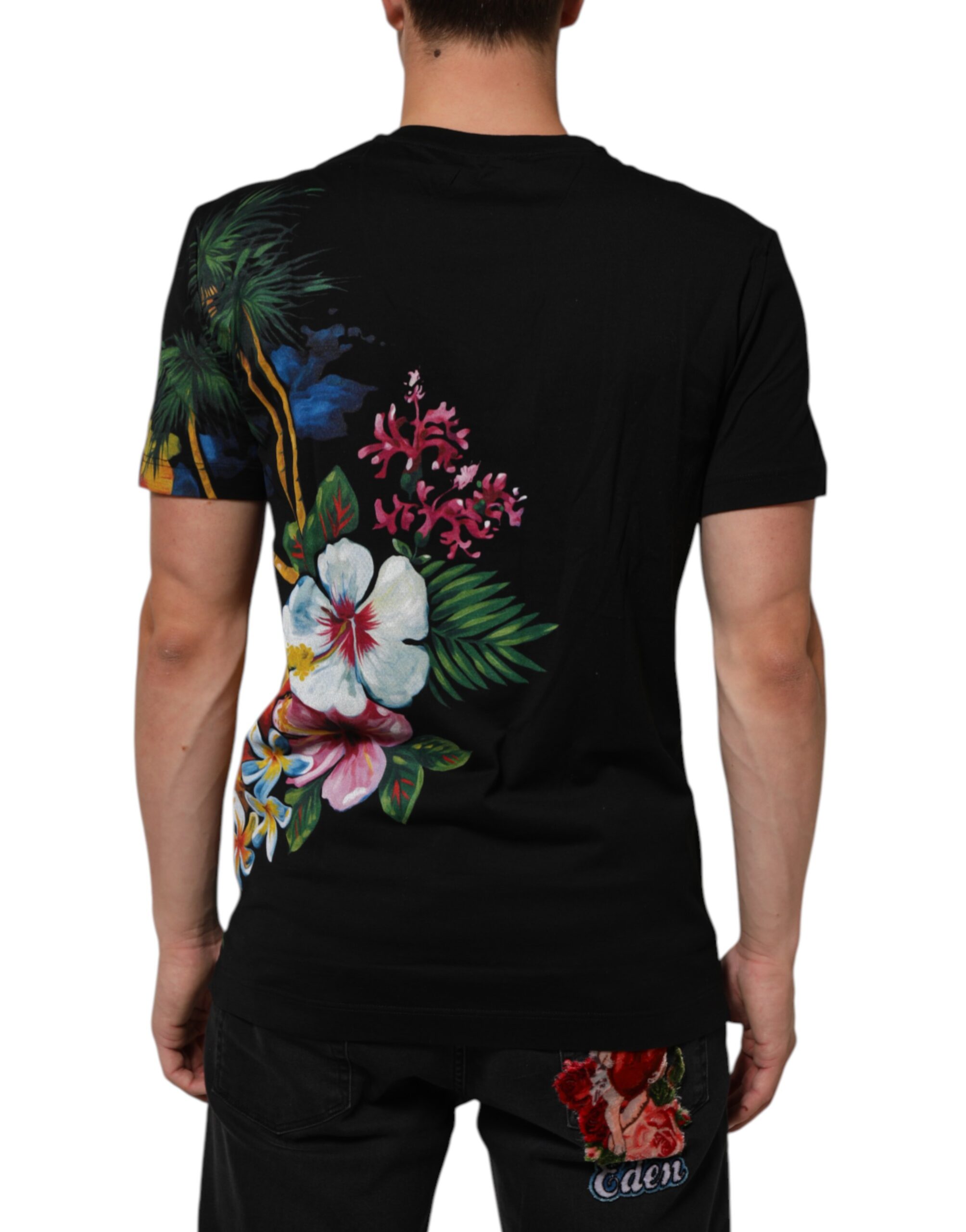 Dolce & Gabbana Black Floral DG Logo Cotton Crew Neck T-shirt