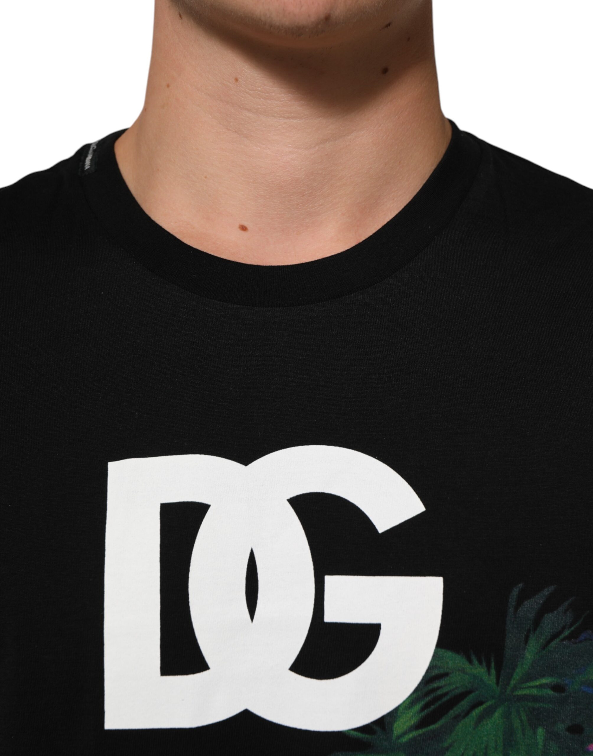 Dolce & Gabbana Black Floral DG Logo Cotton Crew Neck T-shirt