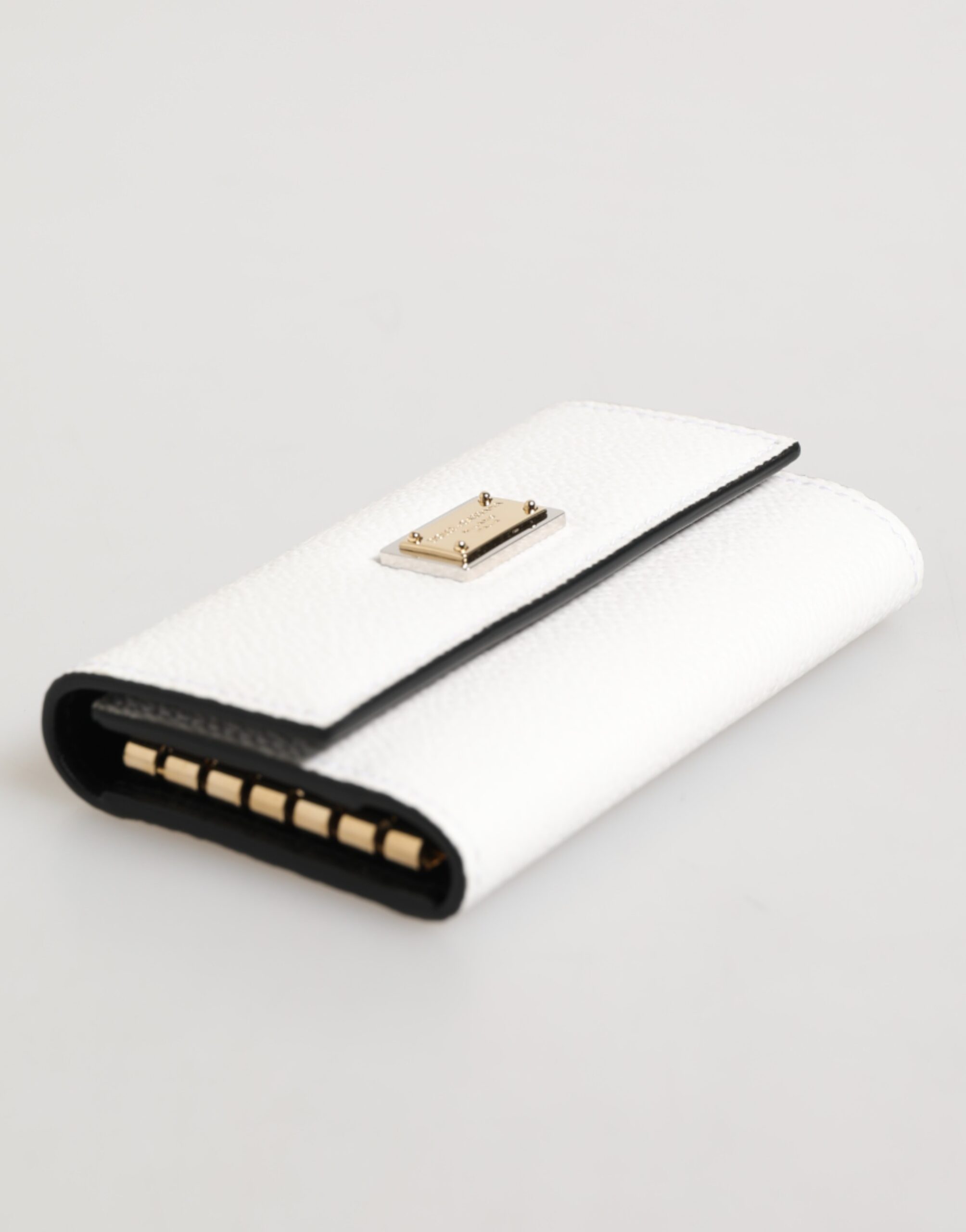 Dolce & Gabbana White Leather Card Case Holder Wallet Gold Logo Plate Key Holder