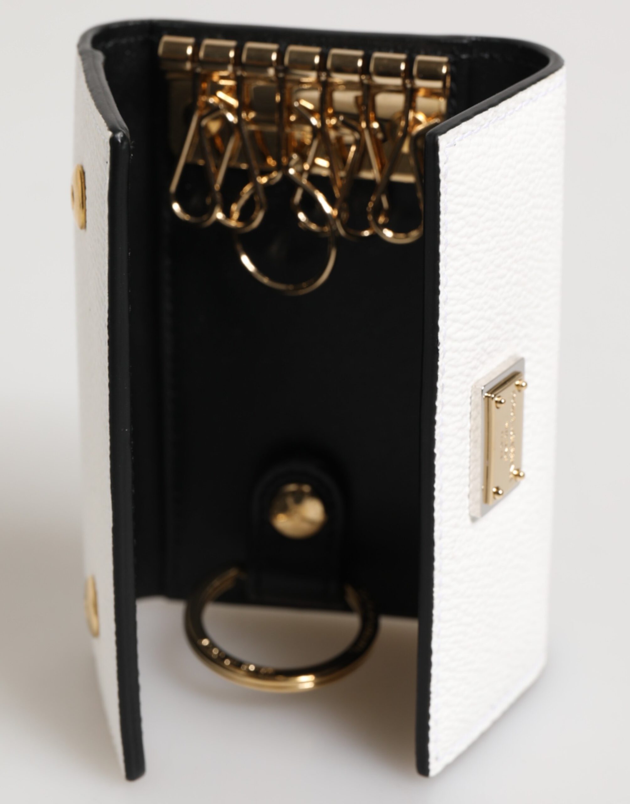 Dolce & Gabbana White Leather Card Case Holder Wallet Gold Logo Plate Key Holder