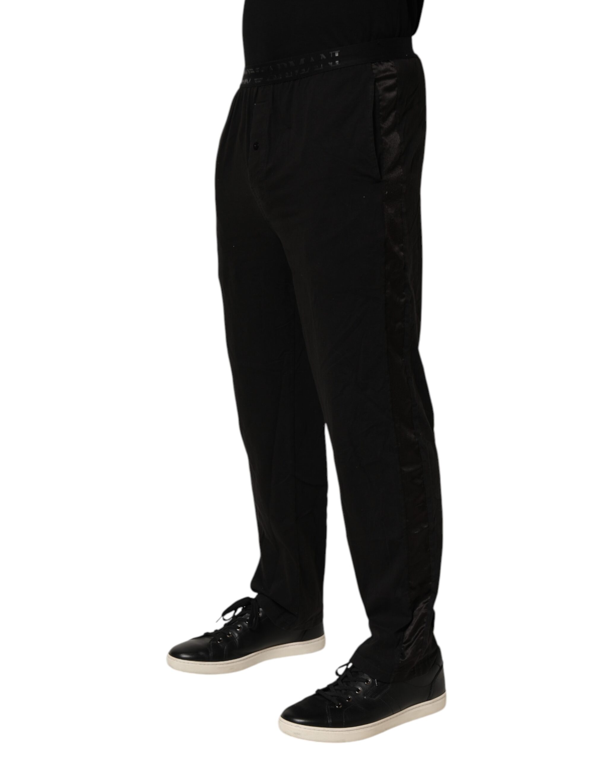 Armani Emporio Black Cotton Blend Logo Waistband Trouser Pants