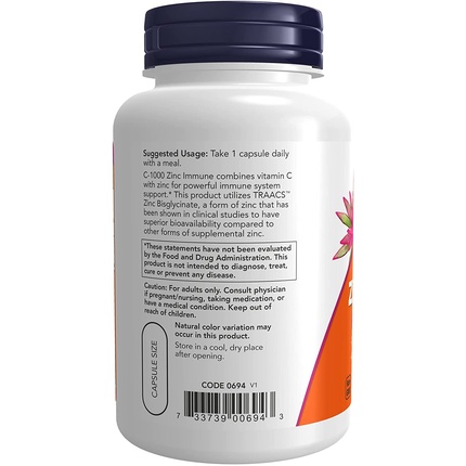 Сыворотка-витамин Now Foods NOW Supplements C-1000 и Цинк для поддержки иммунитета в сезонные периоды, 90 штук