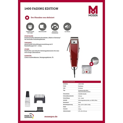 Машинка для стрижки Moser ProfiLine 1400 Fading Edition Bordeaux